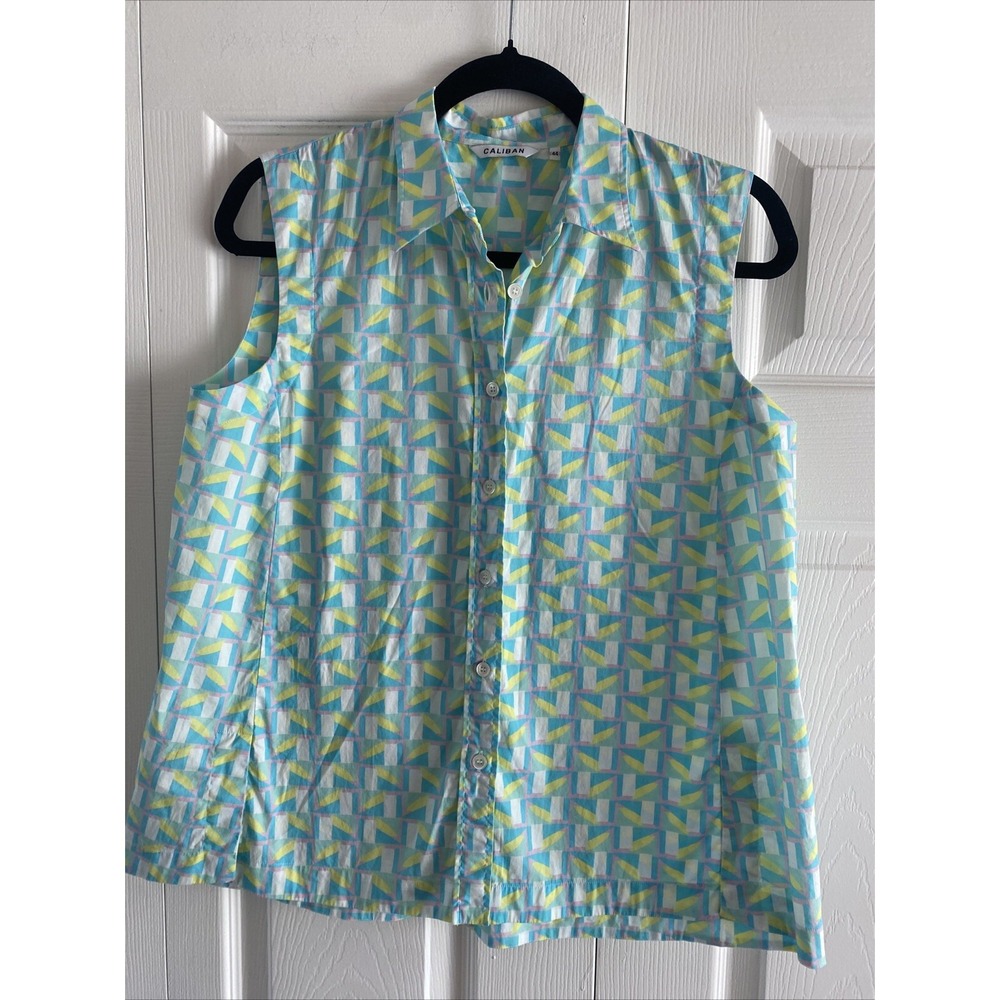 Caliban Geometric Print Sleeveless Blouse Womens Size 44 Pastel Cotton Button Up